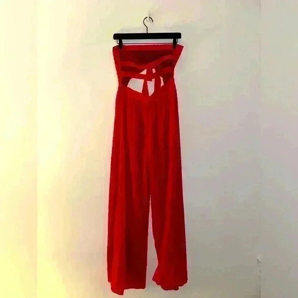 Spring Garden Red Strapless Wide-Leg Jumpsuit - Picture 3 of 6